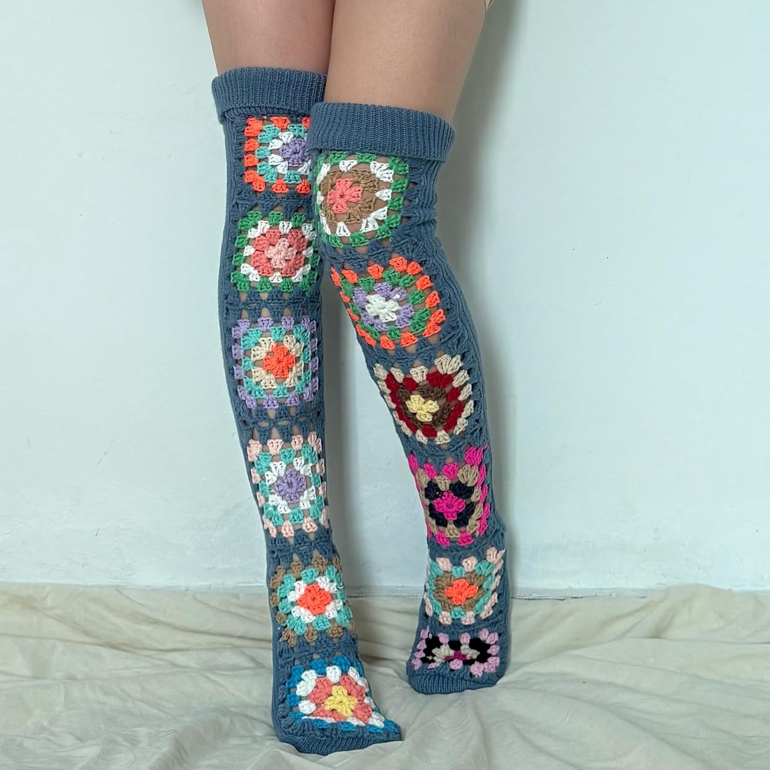 Women Thigh High Square Socks Warm Ethnic Hippy Crochet Cable Knit over the Knee Boot Socks Leg Warmers - Image 3