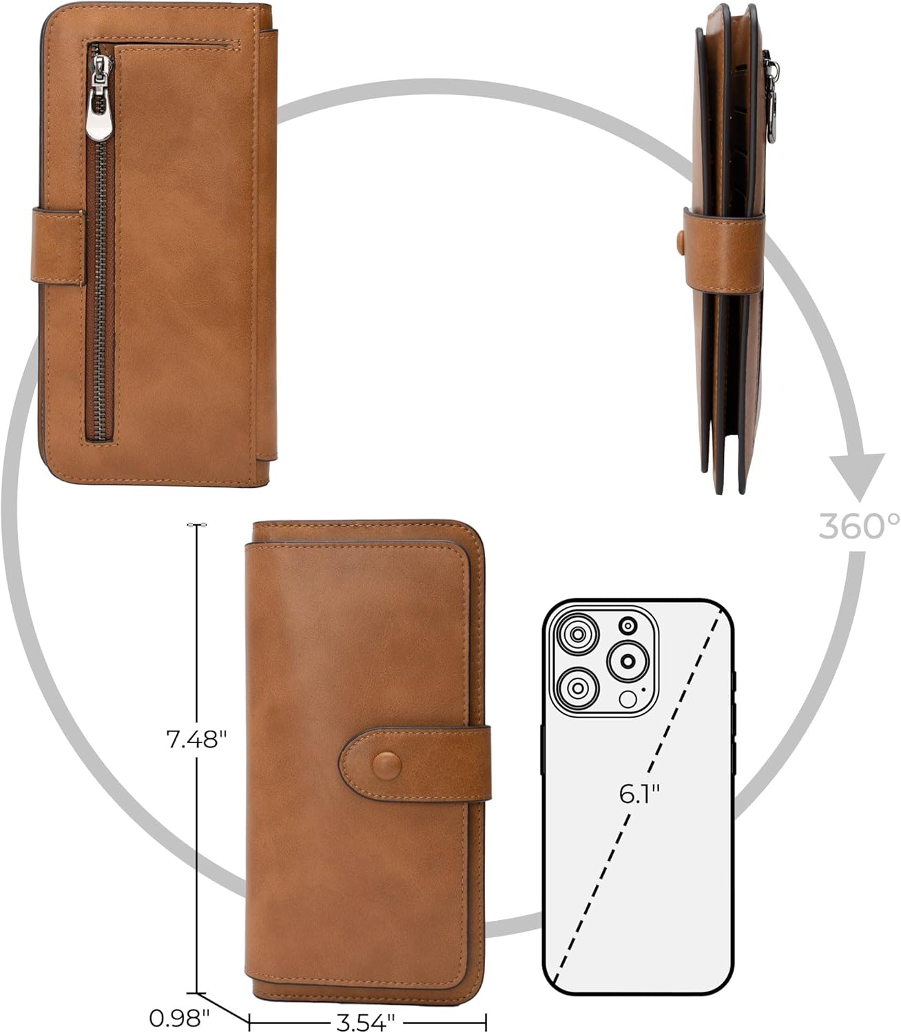 RFID Blocking Leather Wallet for Women, Slim Trifold with 14 Card Slots and Zipper Pocket (Brown) - Image 4