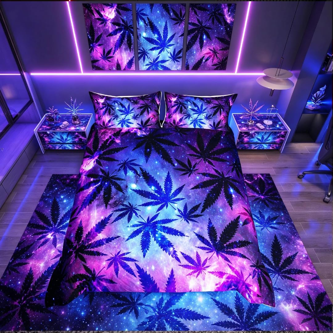 Homemissing Marijuana Leaf Duvet Cover Teens Cannabis Galaxy Bedding & Linens Bedding Set Super King For Women Men Youth Marijuana Weed Leaves Bedding & Linen Soft Purple Blue — image 1