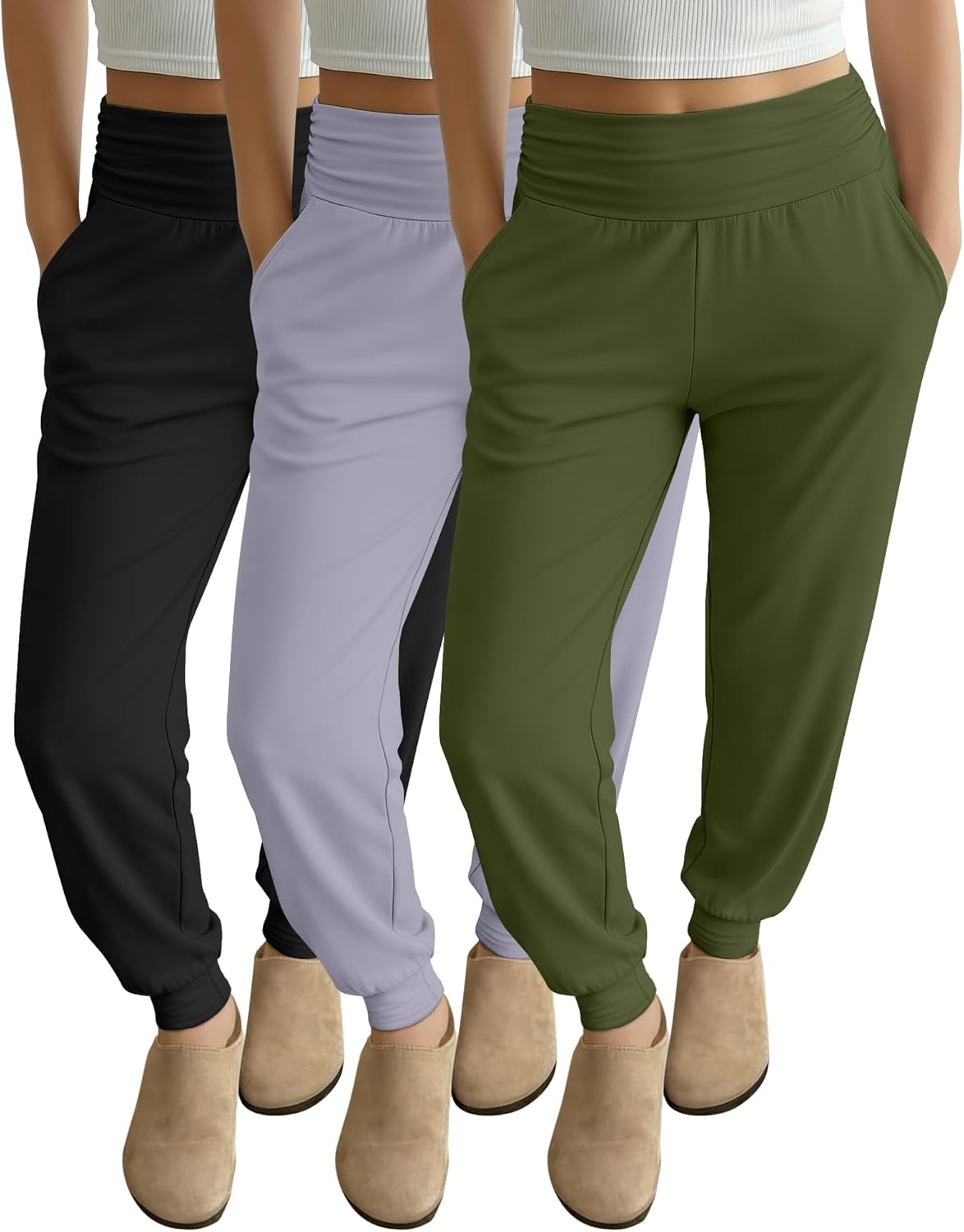 Ficerd 3 Pack Women's Lounge Pants, Cozy Yoga Joggers with Pockets High Waisted Workout Sweatpants Lightweight Comfy Pants