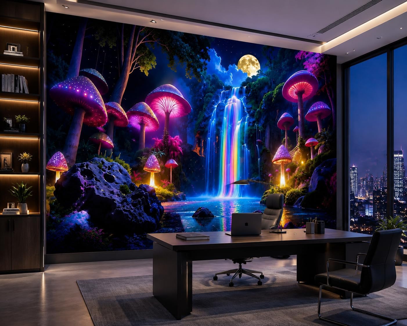 3D Fantasy Glowing Mushroom Wall Wallpaper, Enchanted Rainbow Waterfall Moon Forest Wall Mural, Peel and Stick Removable Wall Stickers for Home Decor WallArt for Living Room (Color-46, 118"Lx82"H)