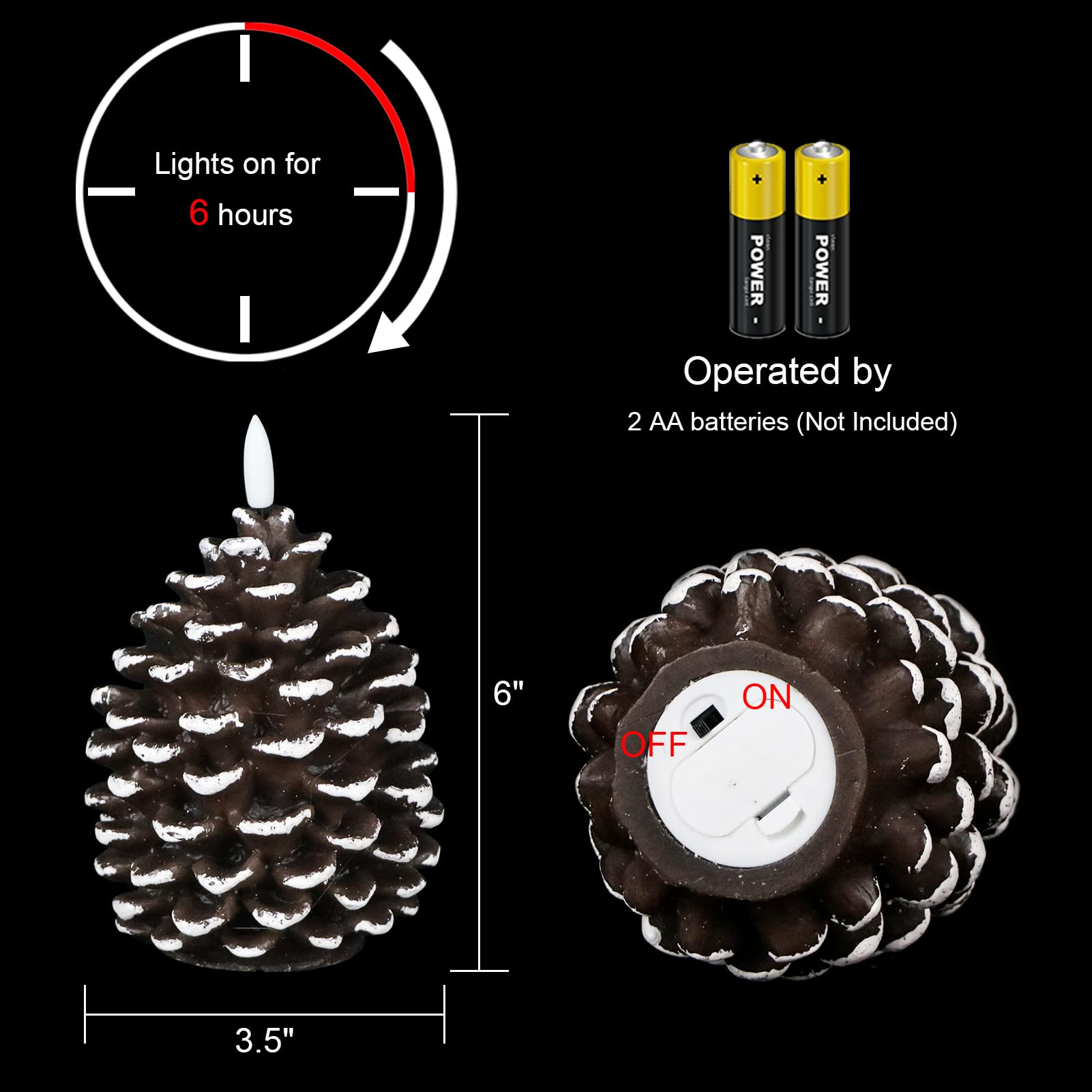 Set di 2 candele a LED senza fiamma a forma di pigna, funzionamento a batteria, con timer da 6 ore, in vera cera marrone, stoppino tremolante, decorazione natalizia per la casa e le vacanze