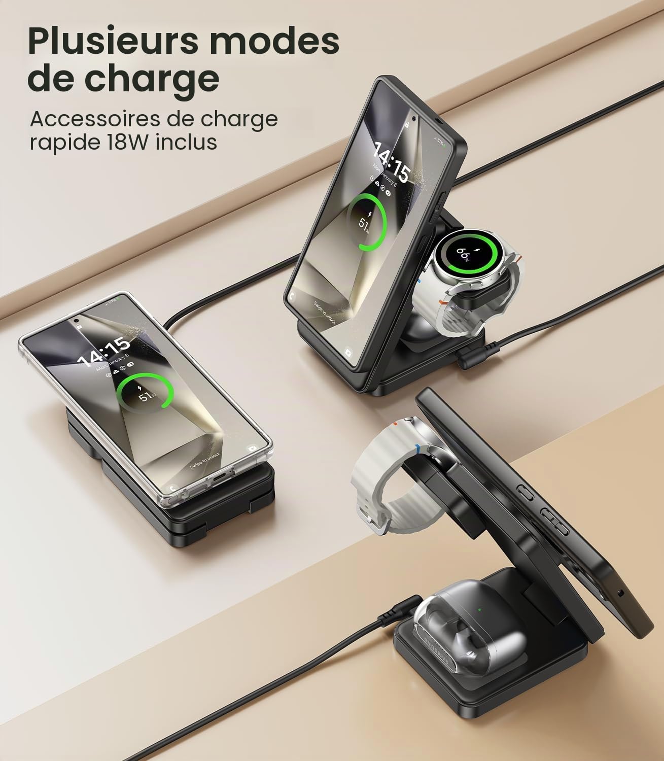 Chargeur sans fil magnétique pliable 3 en 1 pour Samsung, station de charge rapide Mag-Safe pour Galaxy S26 S25 S24 S23 Ultra Plus/Z Fold/Flip 8/7/6, Galaxy Watch Ultra/8/7/6/5/Pro, Galaxy Buds/Pro