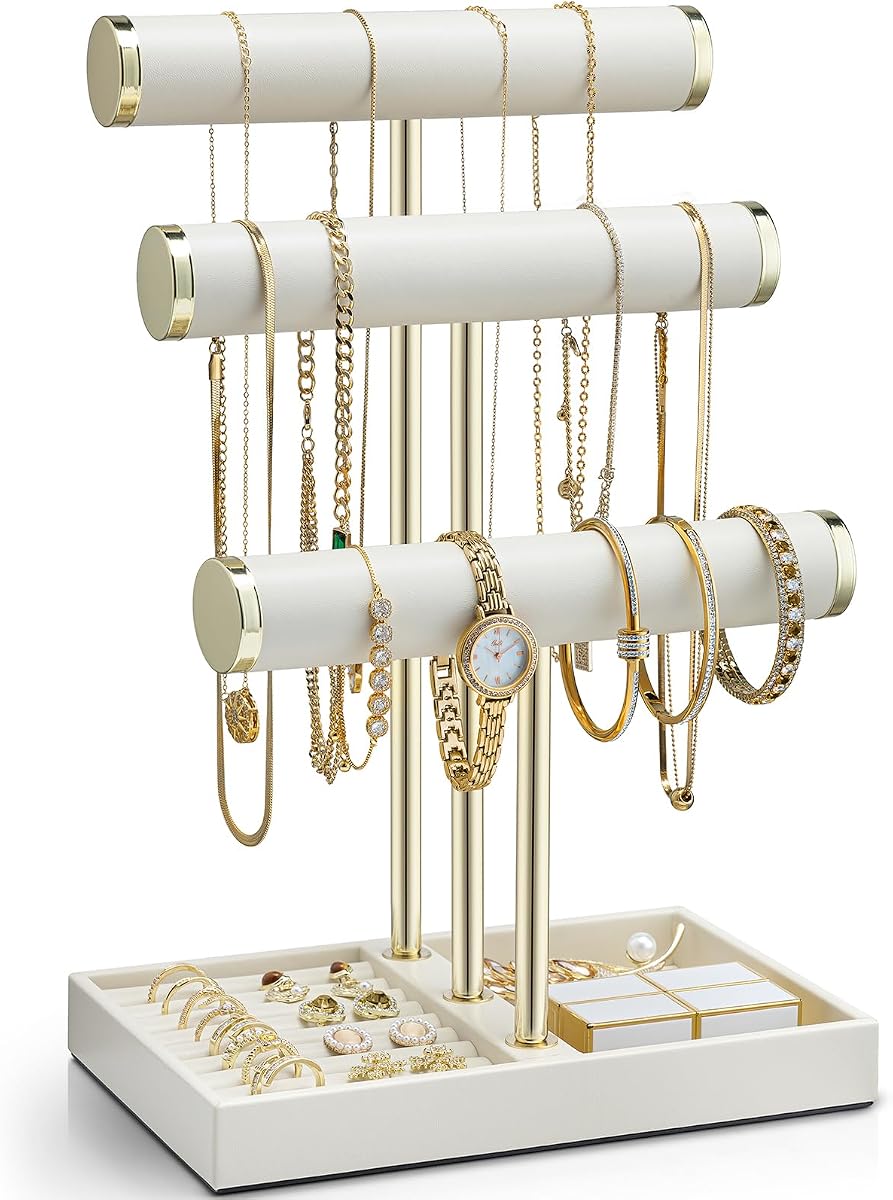 VLANDO Organizador de pulseras de 3 niveles con bandeja – Organizador de joyas de cuero para mujeres – Expositor de joyas para collares, relojes, anillos, pendientes, brazaletes, coleteros – Blanco nube