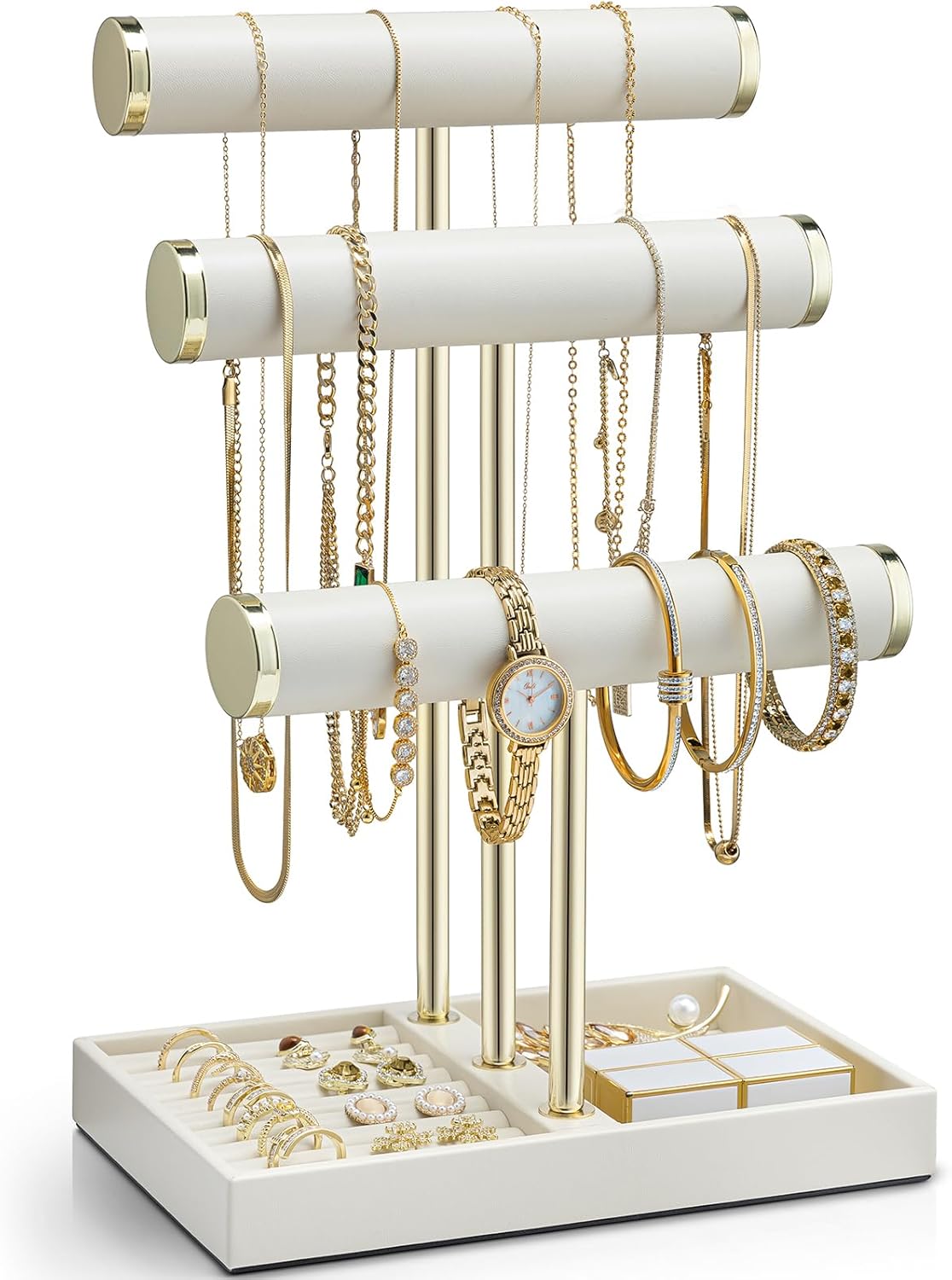 Vlando 3 Tier Bracelet Holder Organizer with Tray – Leather Jewelry Stand Organizer for Women – Jewelry Holder Display for Necklace, Watches, Rings, Earrings, Bangle, Scrunchie – Cloud White