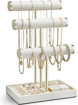 VLANDO 3 Tier Bracelet Holder Organizer with Tray - Leather Jewelry Stand Organizer for Women - Jewelry Holder Display for Necklace, Watches, Rings, Earrings, Bangle, Scrunchie - Cloud White