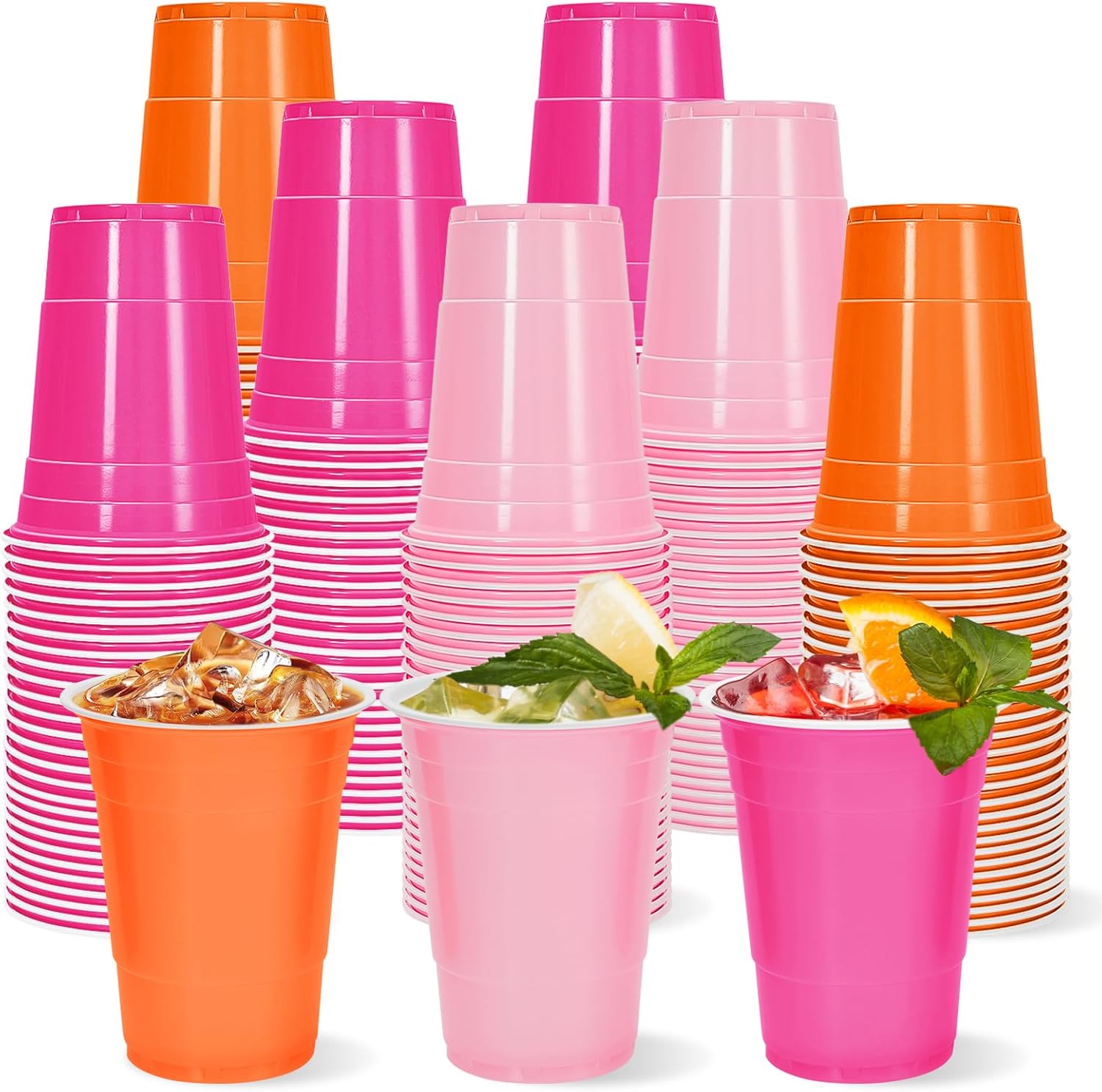 Whaline 60 Pcs Colored Plastic Cups 16 Oz Light Pink Hot Pink Orange Plastic Cups Disposable Cup for Wedding Birthday Party Supplies