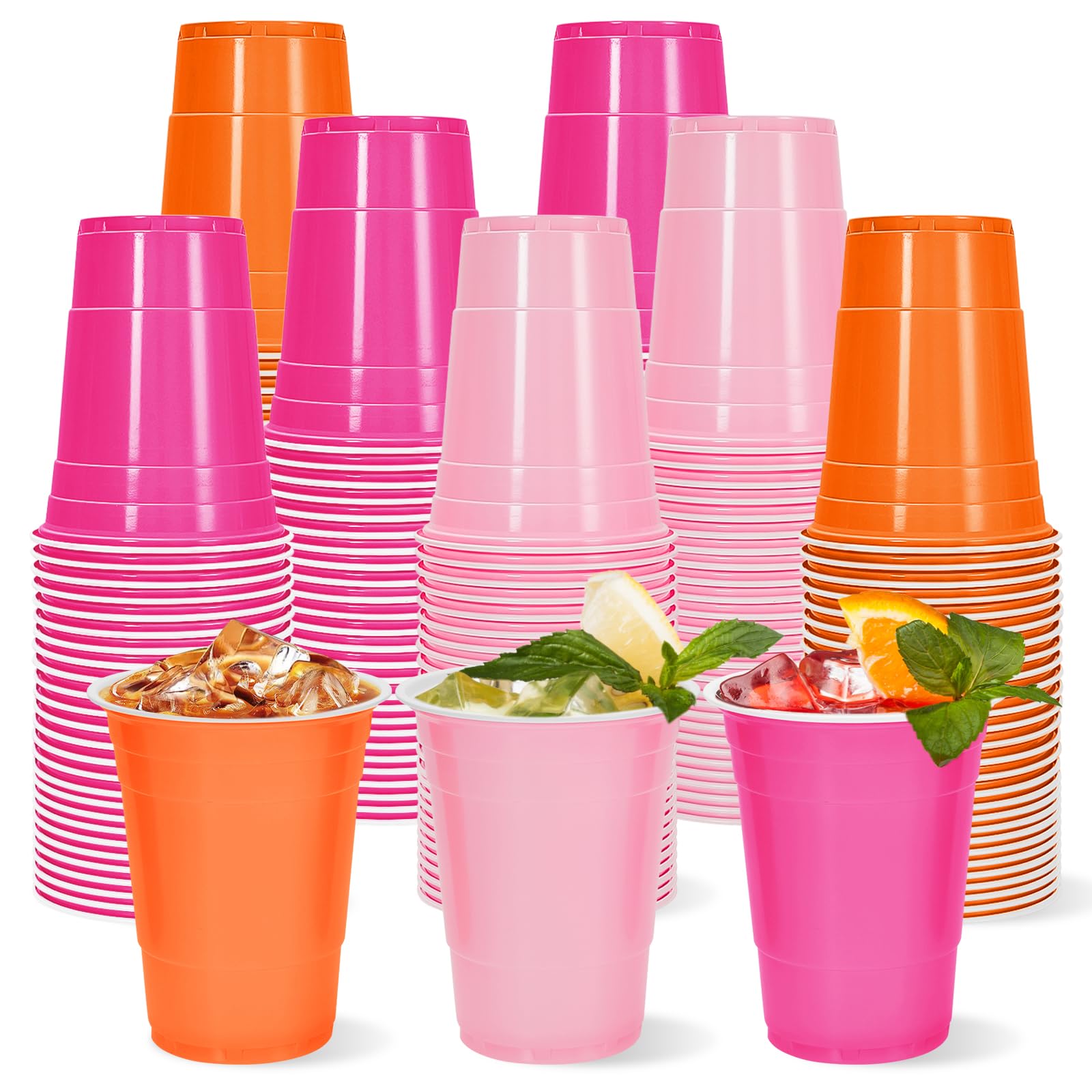Whaline 60 Pcs Colored Plastic Cups 16 Oz Light Pink Hot Pink Orange Plastic Cups Disposable Cup for Wedding Birthday Party Supplies