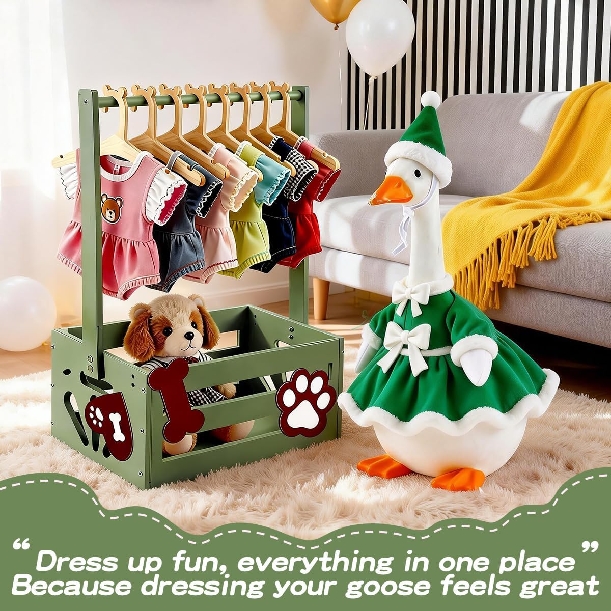 Wooden Porch Goose Closet Wardrobe Crate Box with Hanging Rods and Personalized Decorative Accessories Easy Assembly Baskets for Porch Goose Clothes Accessories (Green)
