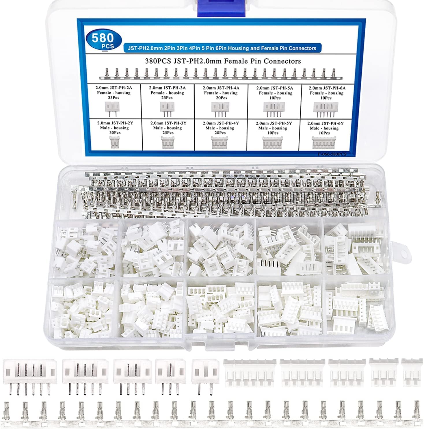 JST PH 2.0mm Connector Kit, 2 3 4 5 6 Pin Housing with Female Pins, Adapter Plug Set for Electronics Repair, 580 Pieces