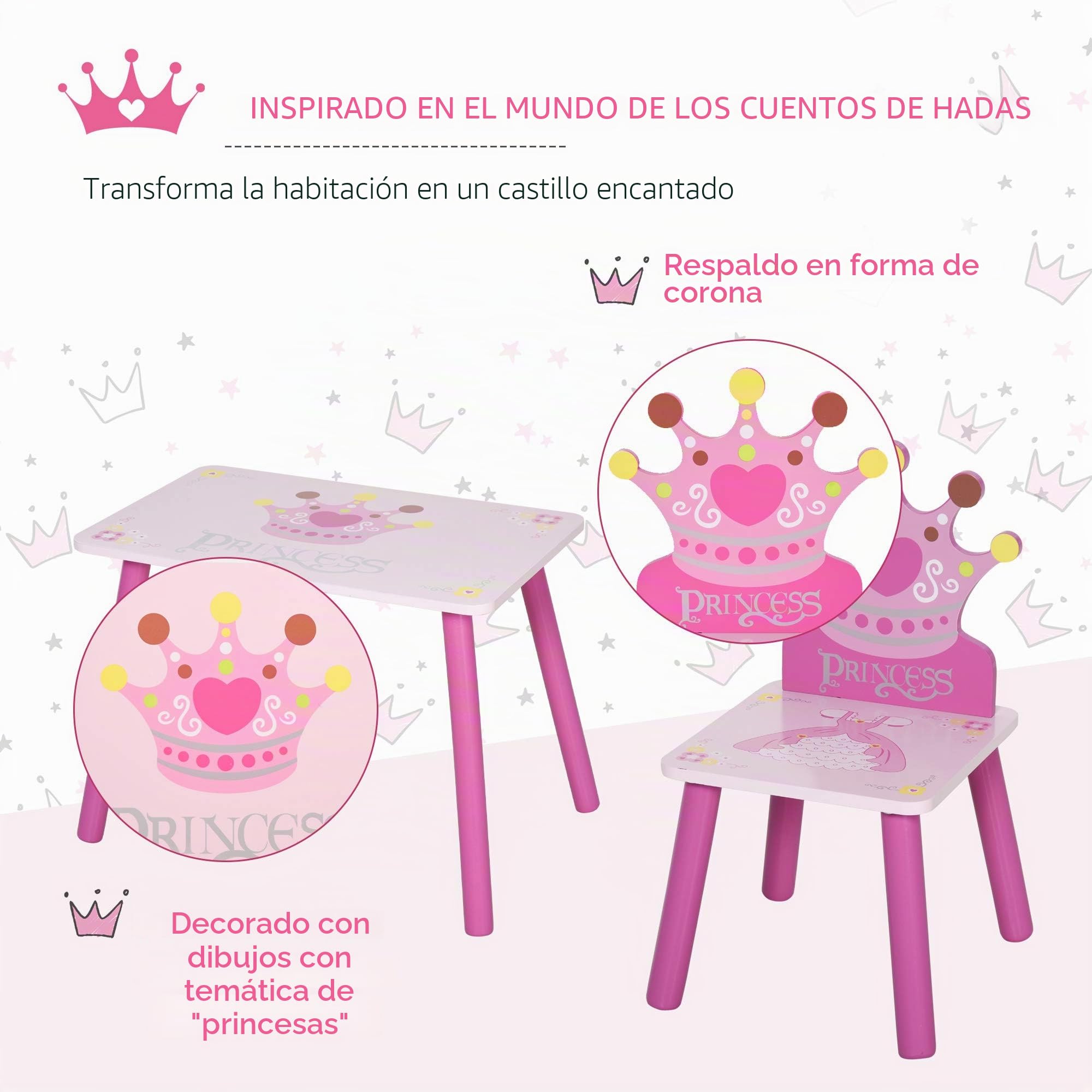 HOMCOM Juego de Mesa y 2 Sillas Infantiles de Madera Set de Mesa de Escritorio 55x34x42 cm y Sillas 28x26x50 cm para Niños 2-4 Años para Salas de Juego Dormitorio de Niño Rosa
