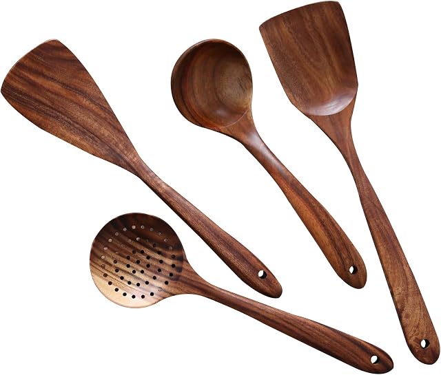 Wooden Cooking Utensils Kitchen Utensil,NAYAHOSE Natural Teak Wood Kitchen Utensils Set - Nonstick Hard Wooden Spatula and Wooden Spoons