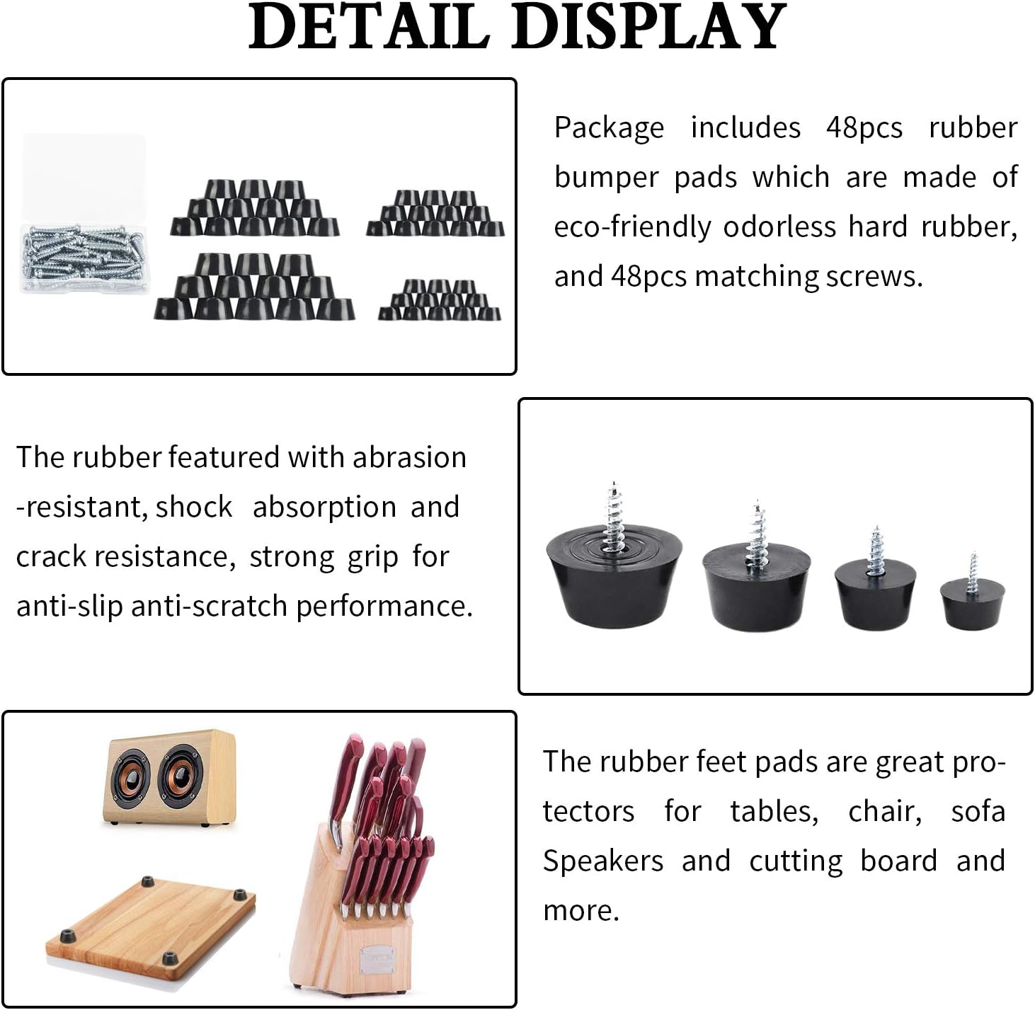 48PCS 4 Size Anti Scratch Screw-on Round Black Rubber Feet Bumpers Pads W/Matching Screws & Built-in Stainless-Steel Washer Carpet Floor Protectors for Cutting Board Amps Cabinet Tables Chair Sofa