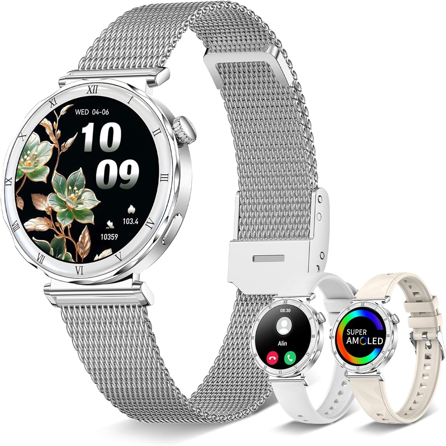 Smartwatch Damen Rund, AMOLED 1,19" Kleine Fitnessuhr mit Telefonfunktion, Schrittzähler, Herzfrequenz SpO2 Schlafmonitoring, 120+ Sportuhr, IP68-Wasserdicht für iOS Android, Silber/Zarte Geschenk