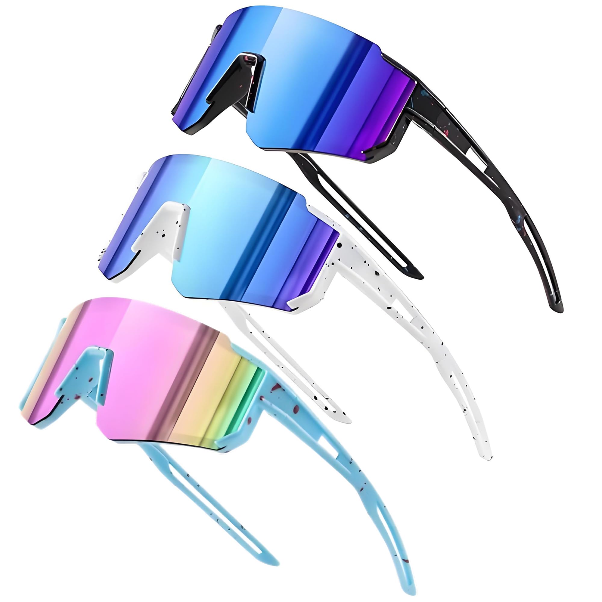 Fahrradbrille Kinder, 3 Stück Sportbrille Kinder UV400-Schutz Polarisierte Fahrradbrille Winddicht für Jungen Mädchen Outdooraktivitäten Radfahren Fahren Laufen Golf Laufbrille (Weiß + Blau + Schwarz)