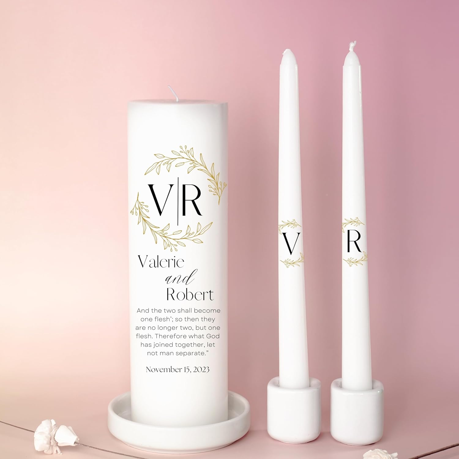 Unity Candles for Wedding, Modern Unity Set, Custom and Personalized Pillar and Taper Candles with Bible Quote, Unscented White Premium Wax, Religious and Wedding Ceremony, Special Events (Laurel)