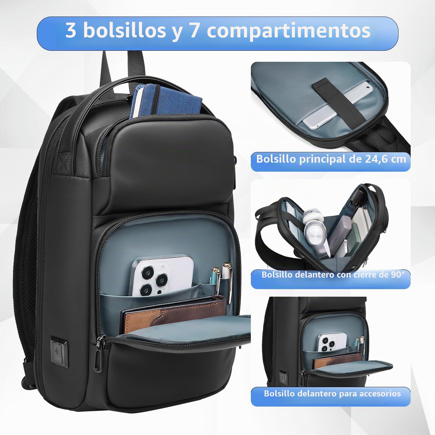 Bandolera Hombre Bolso Cruzado Impermeable Mochila Pequeña con USB para Deporte Oficina Universidad-Negro