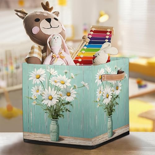 Miniatura 7 de cfpolar Jarrón plegable retro de margaritas de 13 x 13 x 13 pulgadas, cesta de almacenamiento de tela plegable, cubos organizadores de juguetes con