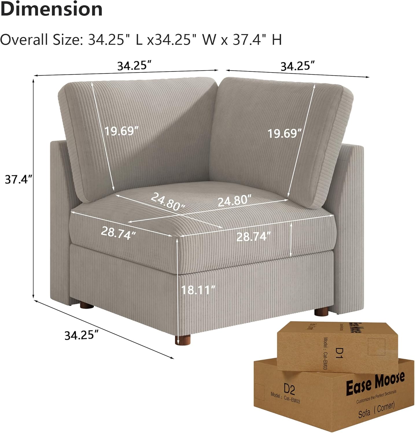 EASE MOOSE Corner Module for Corduroy Sectional Couch,Light Gray