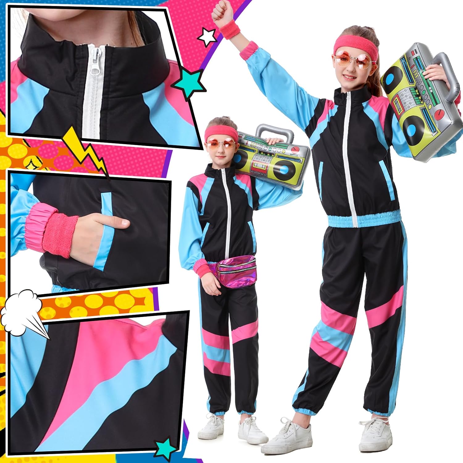 TIMSOPHIA 80s Tracksuit for Kids, 90s Outfits Boys Girls 6PCS Hip Hop Dance Costume, Colorblock Jacket for Retro Theme Party (Black, 9-10 years) - Image 3