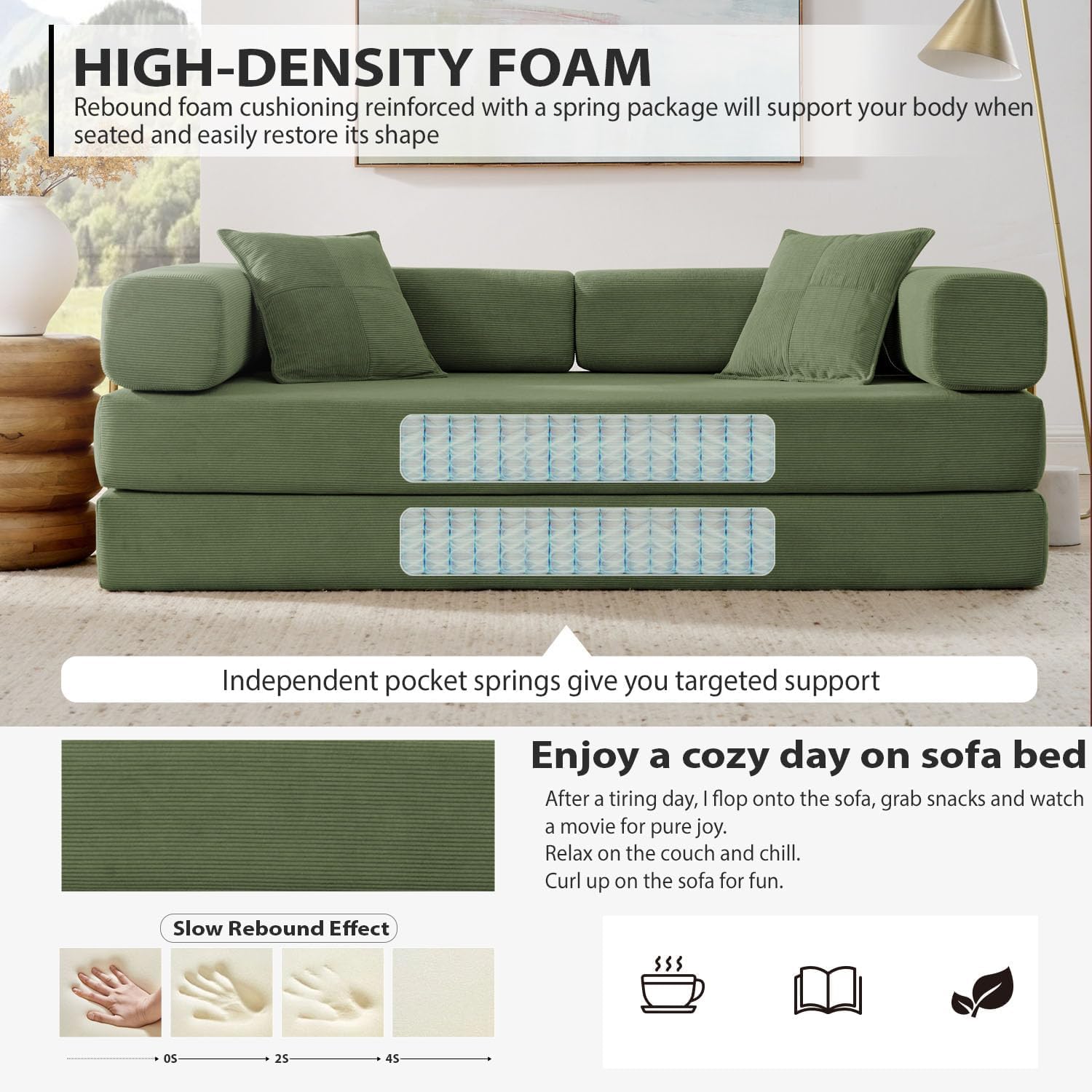 Convertible Folding Sofa Bed, Modern Futon Sleeper Sofa Fold Out Couch Bed with Gold Fixed Frame, Modular Floor Sofas Comfy Corduroy Boneless Couches for Living Room (78" Green)