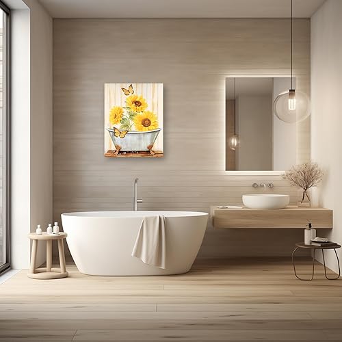 Miniatura 4 de DOARTDO Decoración de pared de baño de girasol, lienzo de flores amarillas, arte de pared, pintura floral rústica, marco de decoración de fotos de