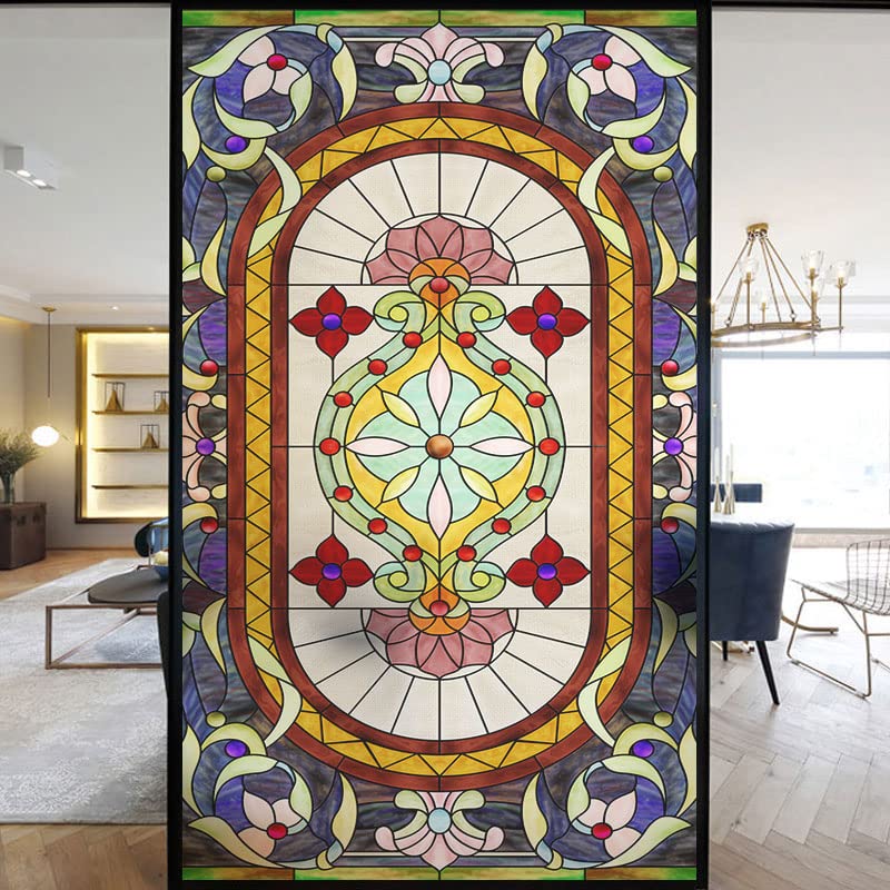 European Church Windows Film Privacy Stained Glass Window Stickers Static Cling Decorative Frosted Window Films UV Blocking Muted Colors Window Coverings (F,60x160cm WxH)