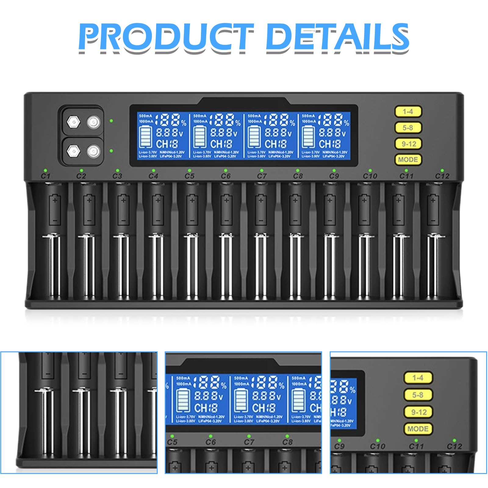 Akku Ladegerät Universal 12 Fach, Ladegerät Batterien mit LCD Anzeige für AA, AAA, 9V NI-MH/NI-CD, Li-ion-3.70V/3.80V/3.20V, 12-Ladeplatz, Universal Schnell Batterieladegerät (Schwarz)