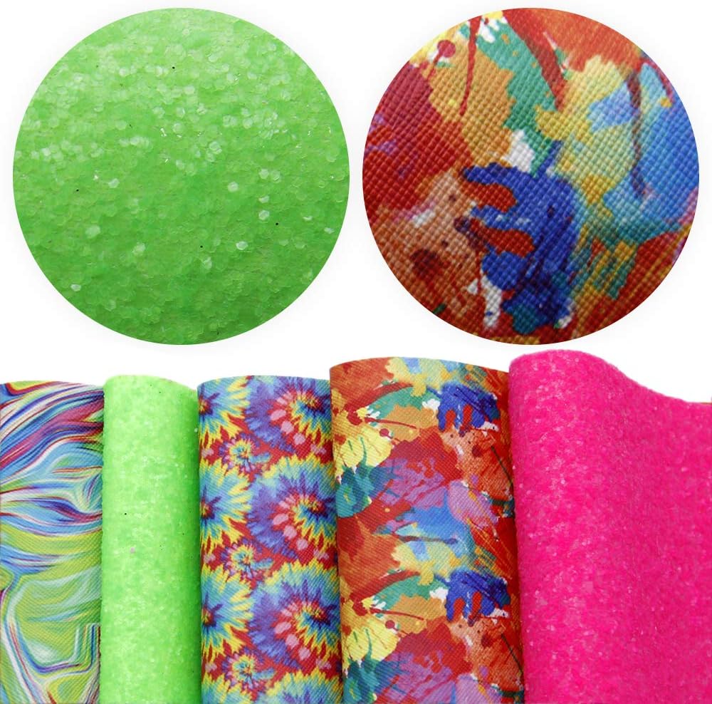 Fluorescent Paint Splatter Synthetic Leather Sheets Chunky Glitter Faux Synthetic Leather Fabric Synthetic Leather 5 Pcs 7.8"x13.3" (20 cm x 34 cm) for DIY Earrings Bows Jewelry Making (Fluorescent)
