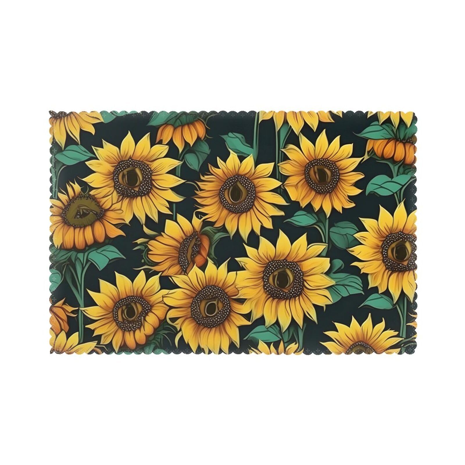 Sunflower Print Placemats for Dining Table Set of 6 12x18 Inch Table Mats for Party Kitchen Dining.