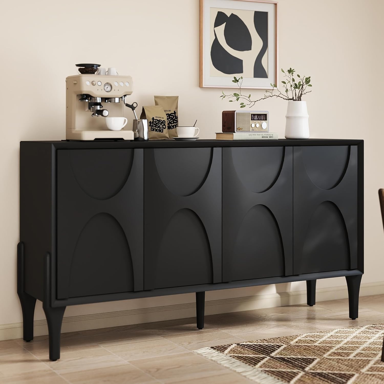LKTART 59”Buffet Cabinet with Storage, 4 Doors Sideboard Buffet Cabinet with Adjustable Shelves & Solid Wood Legs, Accent Coffee Bar Console Table for Living Room,Kitchen, Entryway, Black