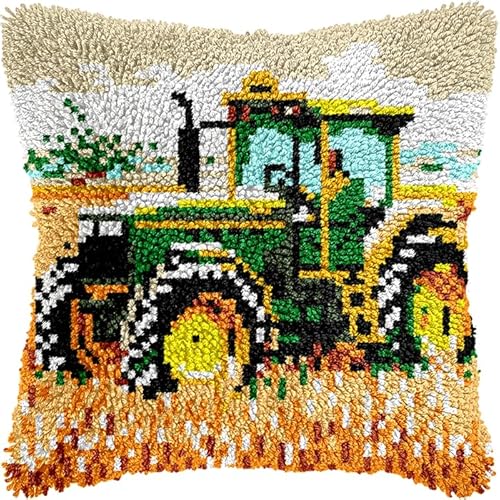 WallustrioaW Farm Landscape Latch Hook Kit Cushion for Adults,Tractor,DIY Craft Latch Hook Rug Kits Embroidery Latch Hook Pillow Cover Kit for Christmas/Gifts,17x17inch