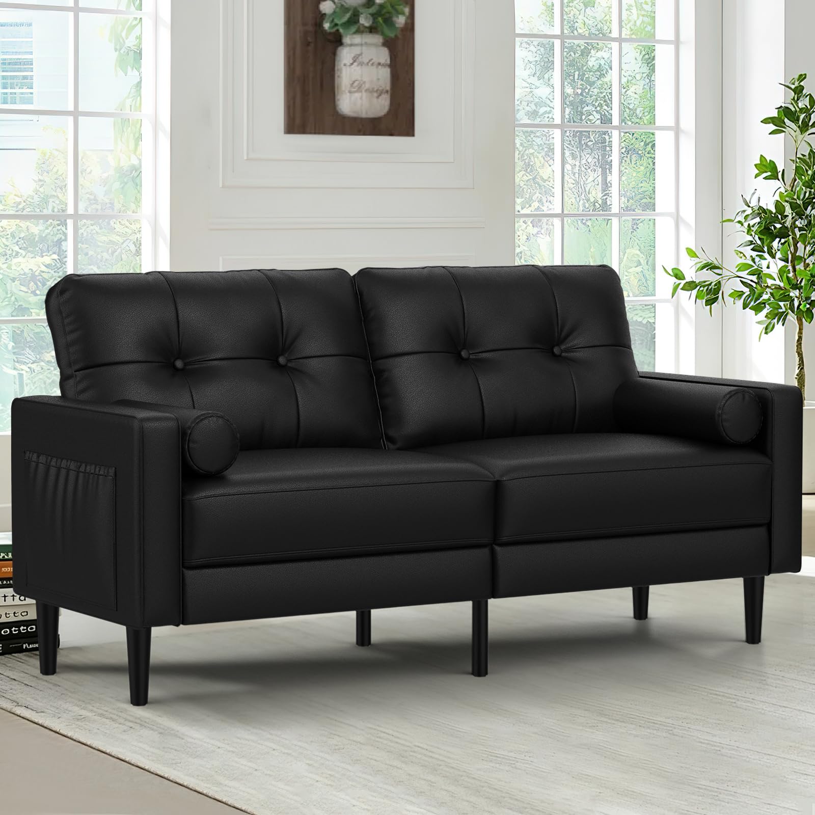 Aotumm Ciort 2 Seater Sofa, Thick Cushions, 2 Pillows & Pockets(PU-Black)