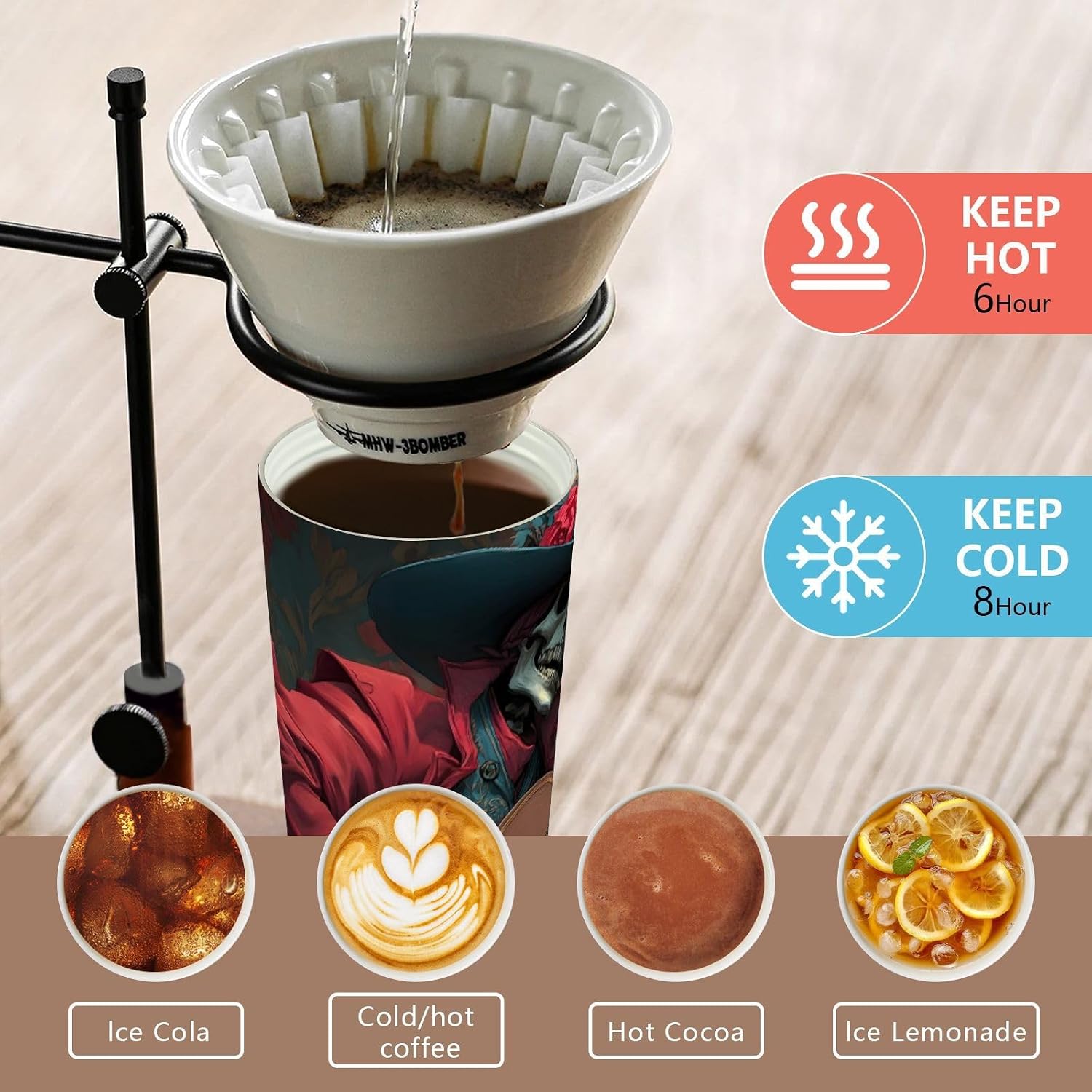 Skeleton Guitar Insulated Coffee Mug with Straw & Flip Lid, 16.9oz Iced Tumbler Cup, Double Wall Vacuum Mug for Travel Office