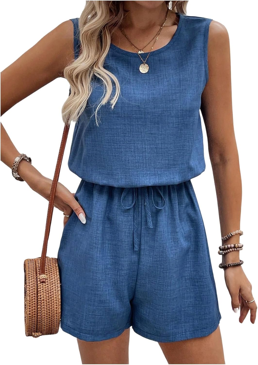 SweatyRocks Women's Casual Short Jumpsuits Summer Scoop Neck Rompers Sleeveless Tank Tops