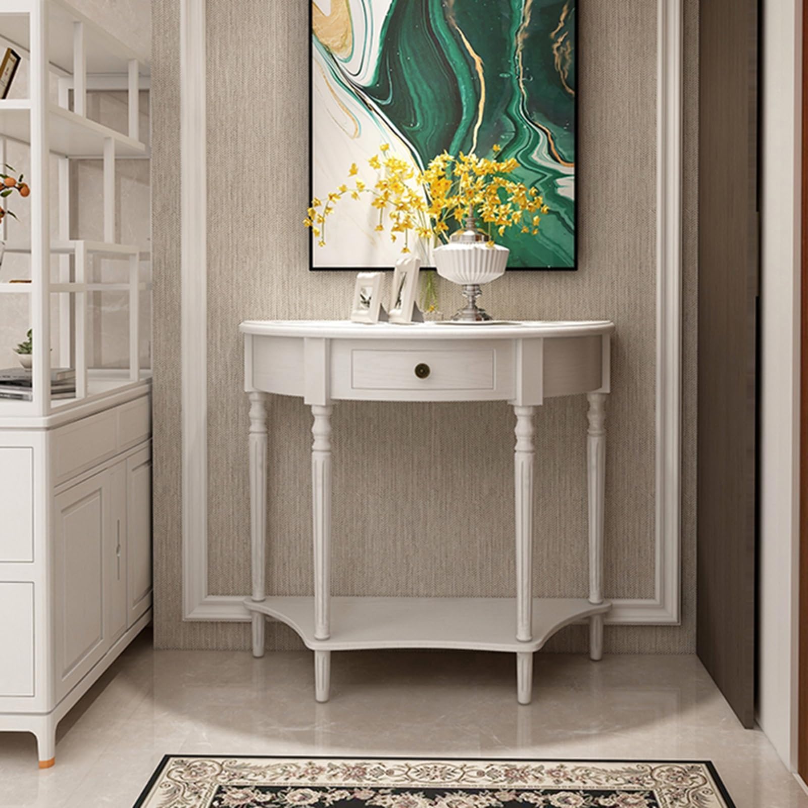 MESCXTY Half Moon Console Entryway Table, Solid Wood Tables with Drawer and Shelf, for Living Room,Foyer,Bedroom or Hallway(White,31.5 * 13 31.5in)