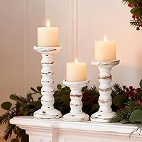 Vista 5 de Wood Candle Holder, 3Pcs Rustic White Candle Holders for Pillar Candles, Solid Wood Decorative Candle Holders Distressed Wooden Farmhouse Candle