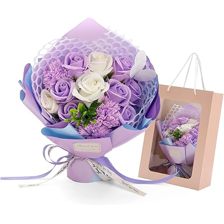Amazon Co Jp ソープフラワー 花束 ギフト 枯れない花 ギフトボックス 袋付 バラの花束 カーネーション パープル 造花 誕生日プレゼント 記念日 お祝い インテリア サプライズ 光る 石鹼花 ホーム キッチン