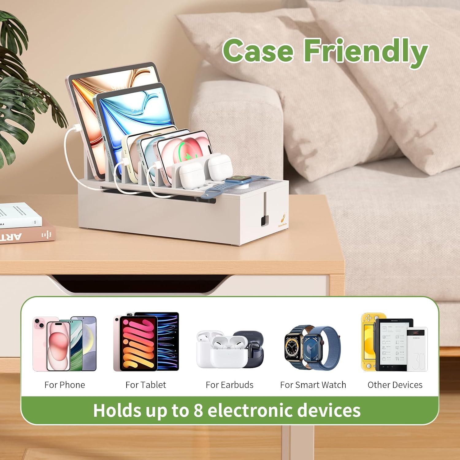 Pezin & Hulin Bamboo Charging Dock Station for Electronic Devices, Docking Organizer for Phone and Tablets, Smart Watch, Earbuds, Power Strip Box (Included 5-Port USB Charger and 6 Cables) -White