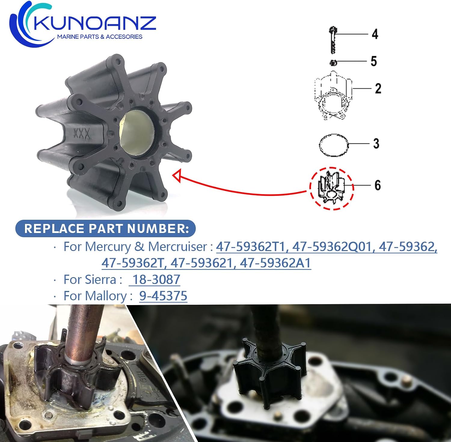 47-59362T1 18-3087 Sea Water Pump Impeller For Mercury Mercruiser Sierra Inboard/Sterndrive Gas Engines Bravo I II & III 4.3/5.0/5.7/7.4/8.2/9.0/9.1 L V6 V8 59362Q01 593621 59362A1 59362B1 17954-0001P