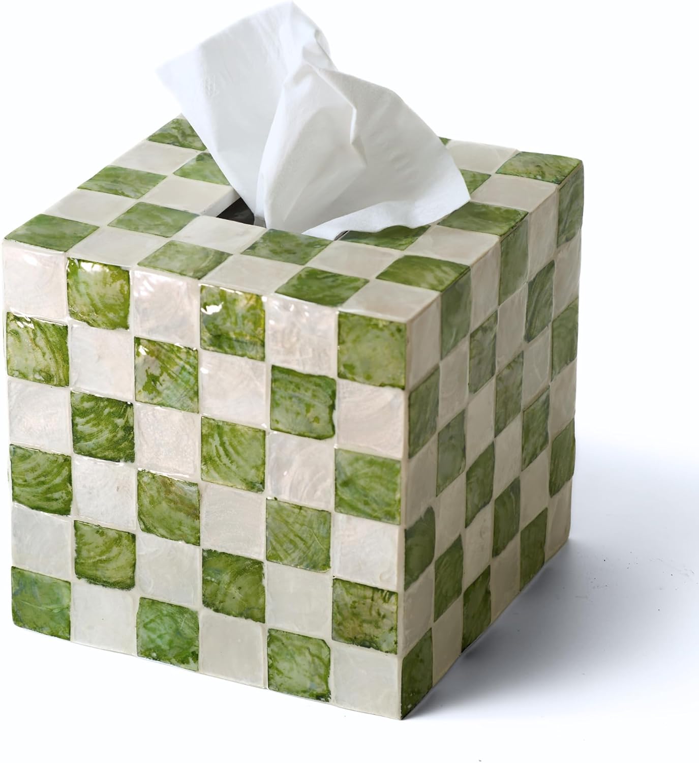 CHI AN HOME 5.7" Square Tissue Box Cover, Handmade Checkered Cube Tissue Box Cover with Capiz Shells, Decorative Tissue Holder for Living Room, Bathroom, Bedroom or Office (Pistachio Green)