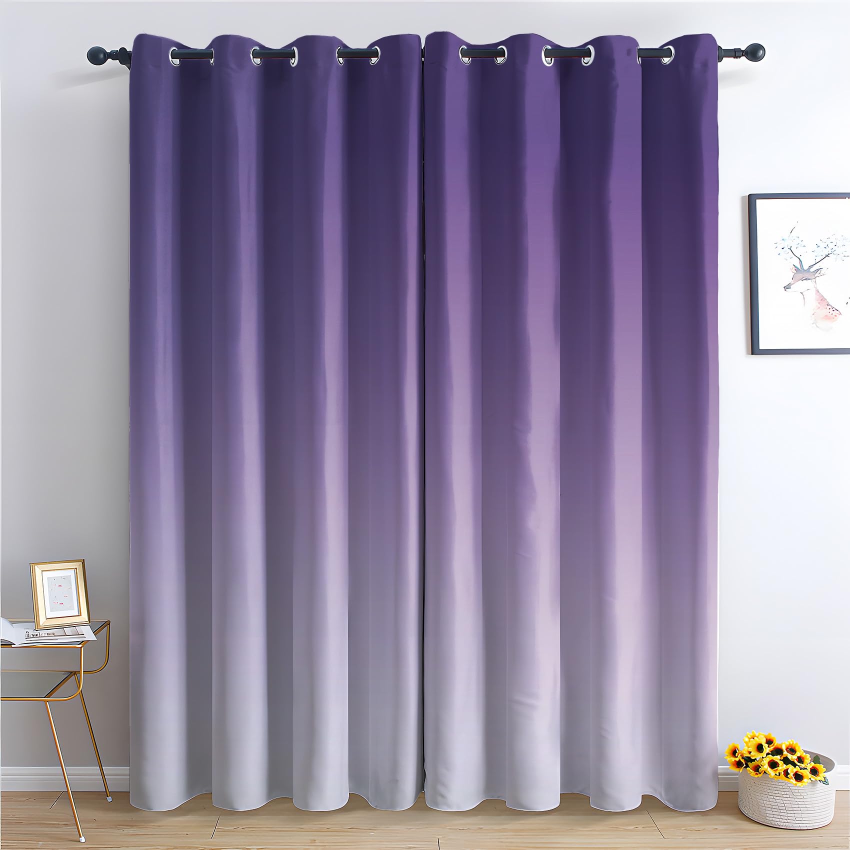 Zcwl Purple Ombre Curtains For Bedroom Living Room, Gradient Patterned Blackout Curtains, Thermal Insulated Eyelet Curtain, 90 Drop Window Treatments Drapes, 66X90 Inch (W X L), 2 Panels