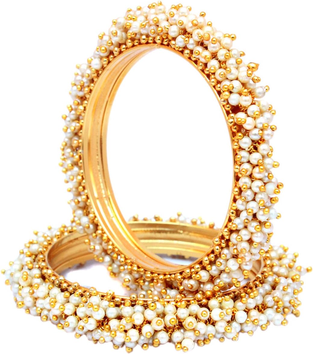 Indian Style Gold Plated Pearl Studded Bracelets Bangle Set Wedding Jewelry For Women (2.4)