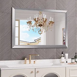 Amorho 48x32 Inch Bathroom Mirror Silver, Thick Metal Framed Wall Mirrors for Over Sink, Brushed Nickel Mirror Perfect for Bedroom, Living Room, Entryway, Rectangle (Horizontal/Vertical).