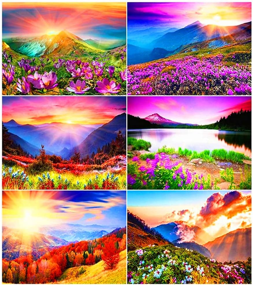Antor Diamond Painting Kits for Adults, 5D Diamond Painting Landscape Art DIY Home Decoration Crafts,6-Piece Set Round Diamond Mosaic Cross Stitch, Suitable for Beginners and Children (12x16 inches)