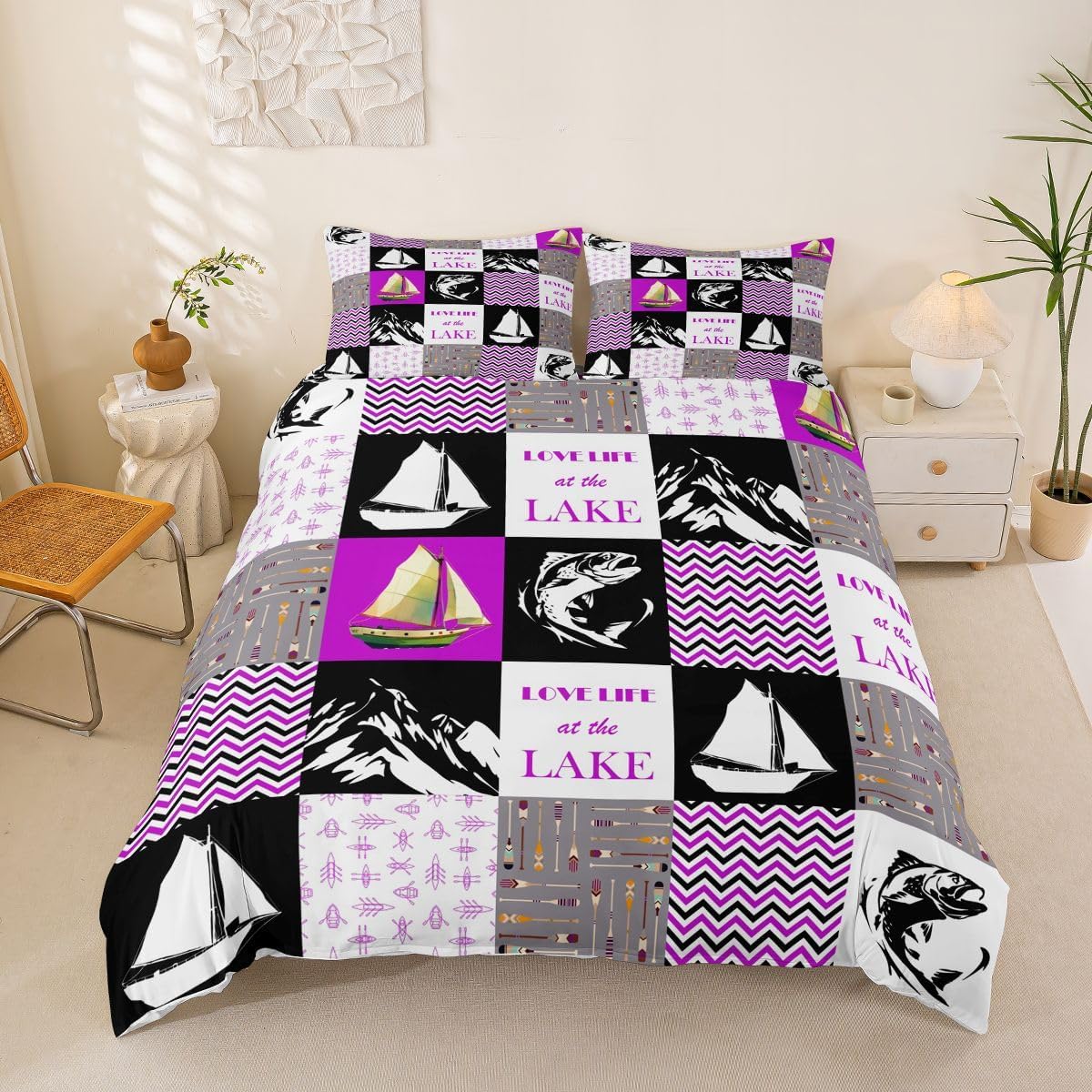 Lake House Duvet Cover For Boys, Rustic Retro Sailboat Comforter Cover Hunting Fishing Bedding Set Full Size For Kids Teens Adult, Geometric Plaid Patchwork Bed Cover With 2 Pillow Cases, Purple