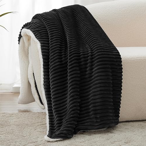 Manta de sherpa negra, forro polar suave y acogedor, cálida para invierno, reversible para sofá, 50 x 60 pulgadas
