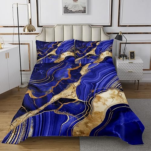 Miniatura 2 de Erosebridal Juego de edredón de mármol azul morado tamaño Queen, juego de colcha con estampado de grietas de mármol dorado para niños, juego de