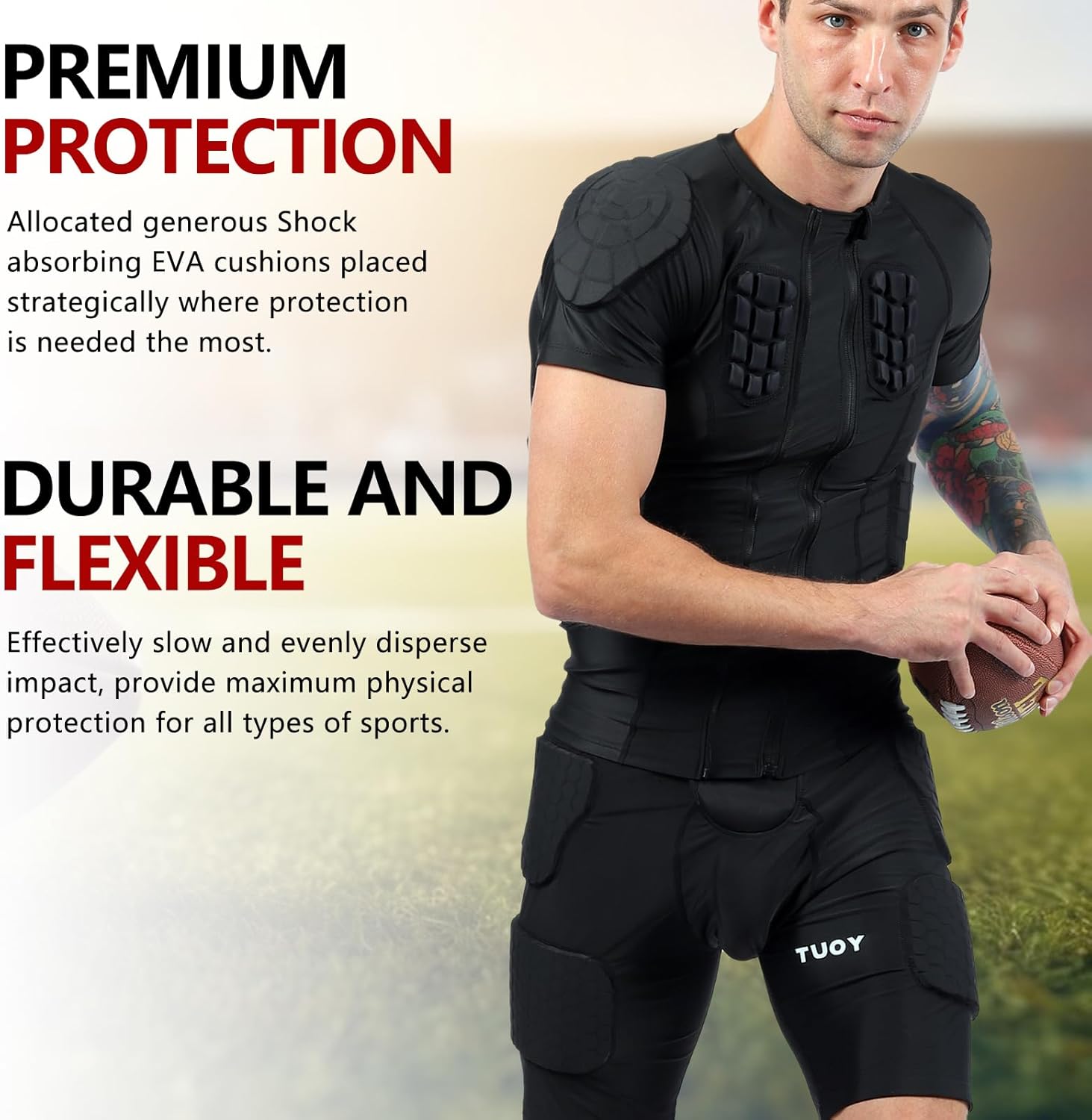 Men Padded Football Shirt Rib Chest Shoulder Protector Heart Guard Padded Compression Shirt 6-Pads Protective Gear for Baseball,Basketball - Image 6