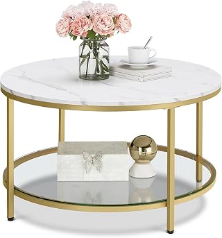 VASAGLE Mesa de Centro, Tampo de Mármore Sintético, 80 x 80 x 45 cm | Centro de Sala com Prateleira de Vidro, Estrutura